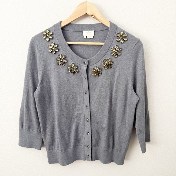 KATE SPADE NY | Gray 3/4" Sleeve Rhinestone Embellished Cardigan Sweater | XL - Picture 2 of 8